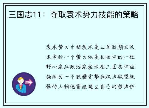 三国志11：夺取袁术势力技能的策略